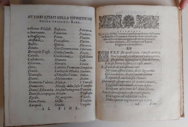 DELLE RIME del Sig... Parte prima. Di nuovo dal medesimo in questa nuova impressione ordinate, corrette, accresciute & date in luce. Con l'espositione dello stesso Autore. Onde potranno i giudiciosi lettori agevolmente conoscere infiniti miglioramenti, mutationi, & additioni loro, & quanto queste da quelle per l'adietro stampate sien differenti. Con Tavole, l'una de' principij delle Rime, & l'altra de gli Autori citati nella loro Esposittione. - immagine 2